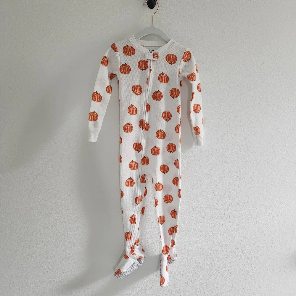 Toddler size 3T Pumpkin Footed Pajamas White Orange Waffle Knit Zip Up‎
